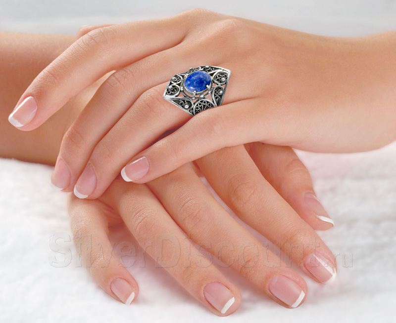 Женский перстень из серебра с лазуритом в слав. стиле купить на SilverDiscount.ru
