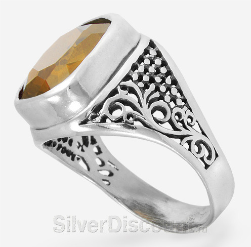 Мужские перстни-печатки с камнями: перстень, серебро и цитрин, вид сбоку