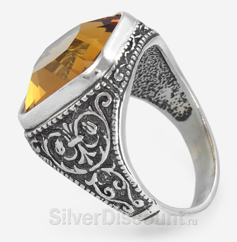 Мужской перстень серебро с ярким цитрином, фото, вид сбоку