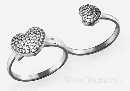 Двойное кольцо из серебра с сердечками
