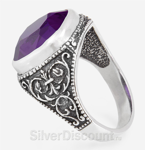 Перстень-печать со стильными узорами и аметистом, серебро, чернение