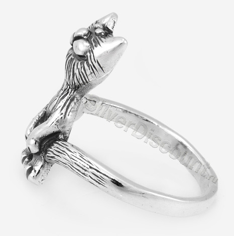 Серебряное кольцо кот, вид сбоку