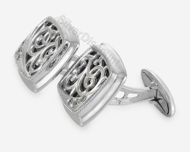 Изящные серебряные запонки с фианитами, вид сбоку