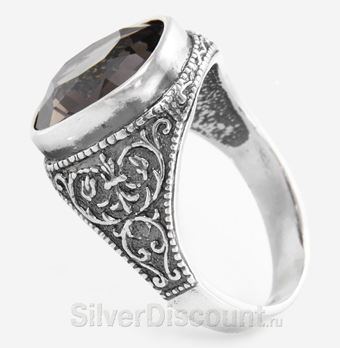 Серебряные кольца мужские с ажурной резьбой и раухтопазом