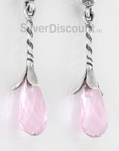 Серьги - капли из серебра с розовым кварцем