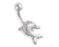 Пирсинг пупка из серебра с дельфином и фианитами