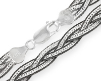 Цепочка - ожерелье Коса черно-белая, три ленты, серебро
