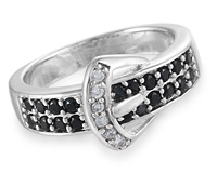 Серебряное кольцо-пряжка с черными и белыми цирконами