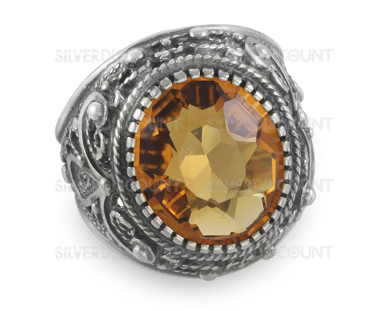 Большой женский перстень из серебра с желтым камнем купить на SilverDiscount.ru